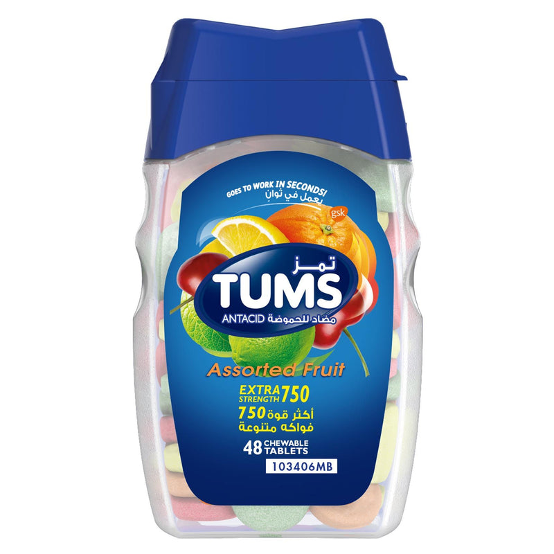 Tums Extra Strength 750mg Chewable Tablets Assorted Fruits, 48 Pieces