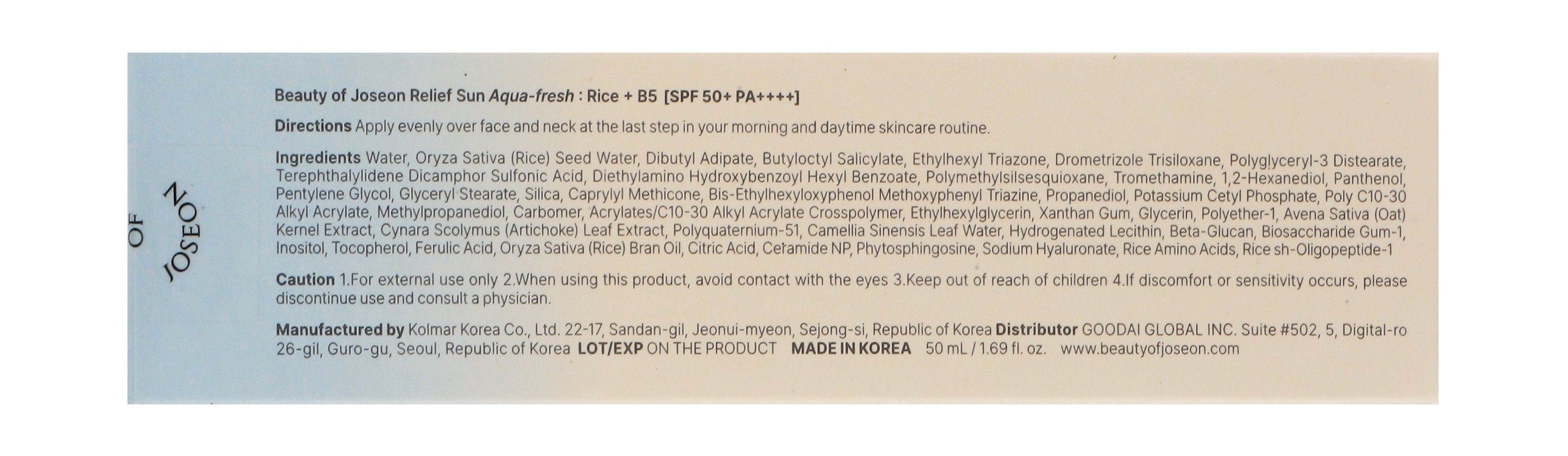 Beauty of Joseon Relieving Aqua-Fresh Facial Sunscreen with Rice Extract & Vitamin B5 SPF50+ PA++++, 50ml product image 5