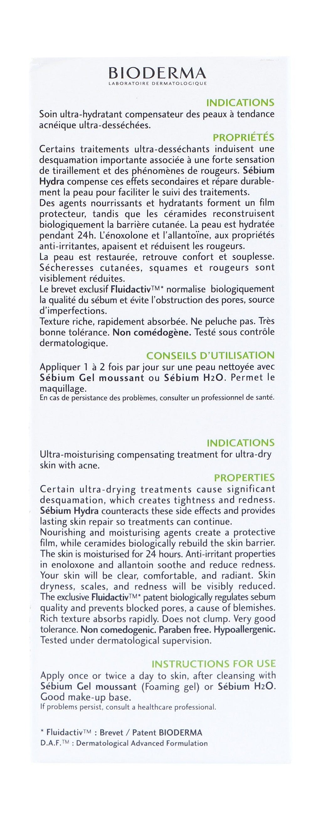 Bioderma Sebium Hydra Hypoallergenic Ultra Moisturizing & Compensating Face Cream for Dry Acne, 40ml product image 2