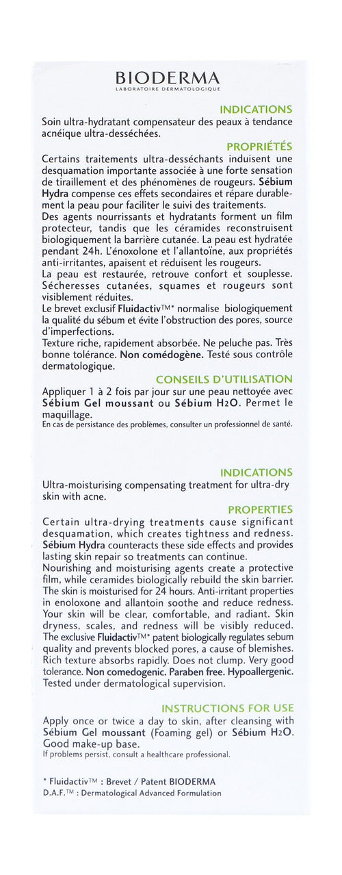 Bioderma Sebium Hydra Hypoallergenic Ultra Moisturizing & Compensating Face Cream for Dry Acne, 40ml product image 2