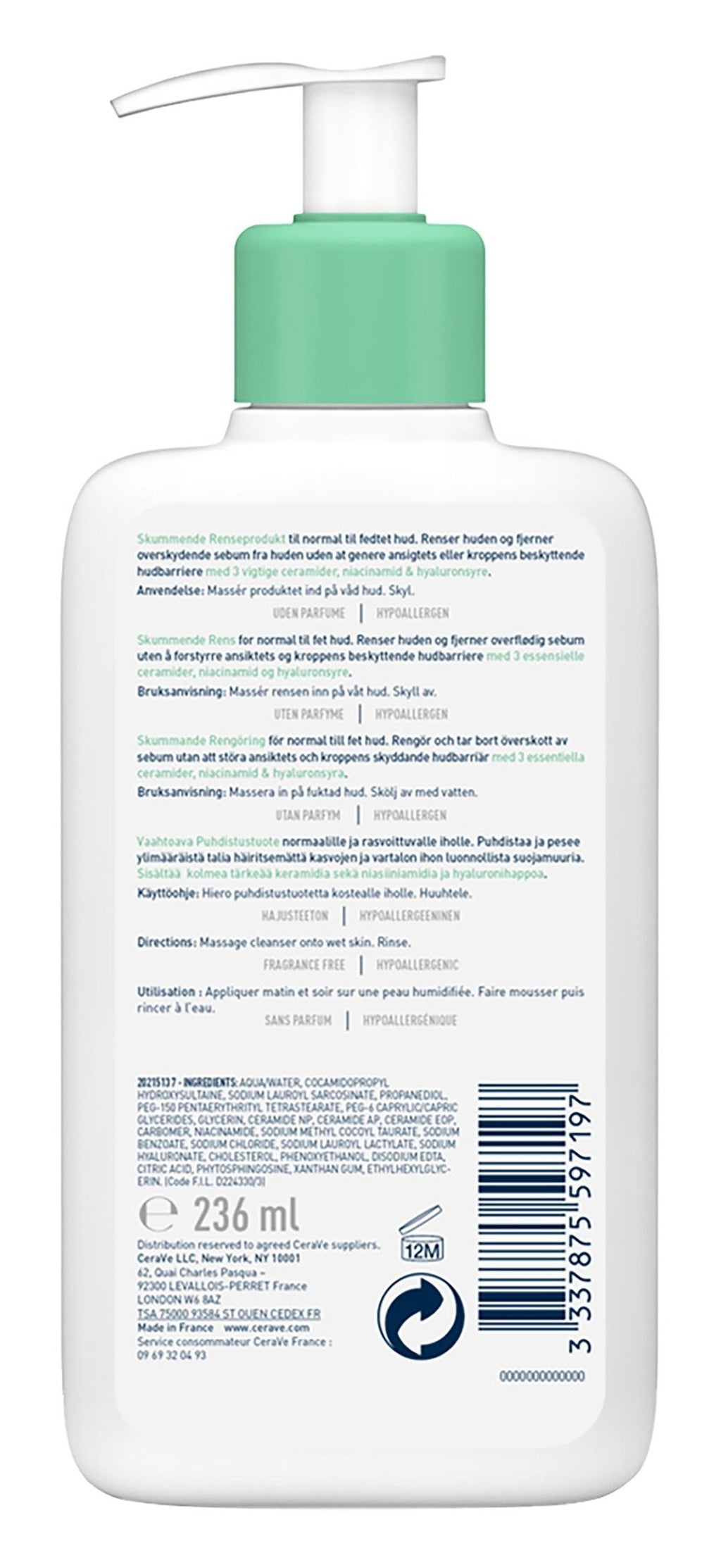 CeraVe Hypoallergenic Foaming Facial Gel Cleanser with Ceramides & Hyaluronic Acid for Normal to Oily Skin, 236ml product image 4