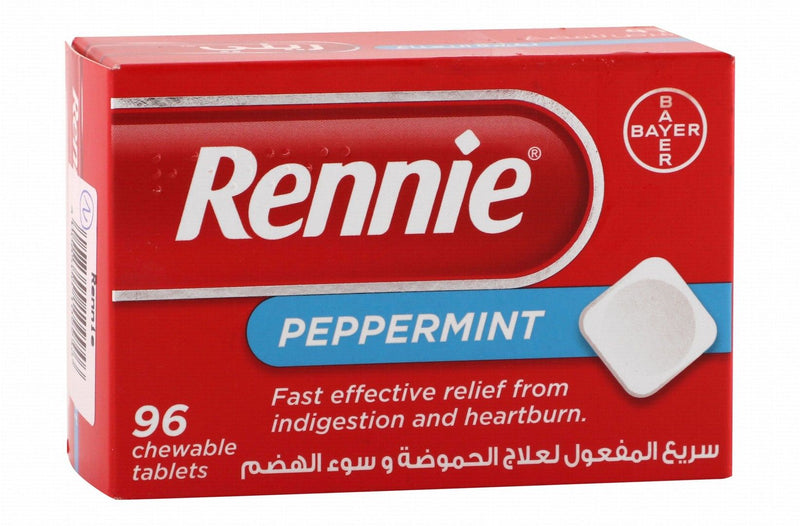Rennie Indigestion & Heart Burn Relief Chewable Tablets Peppermint Flavor, 96 Tablets